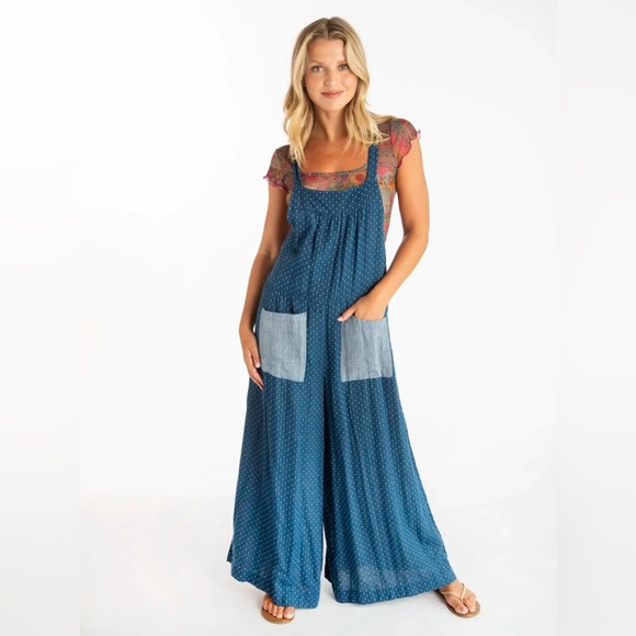 NATURAL LIFE Dakota Tie Overall Blue Polka Dot Gauze Jumpsuit Womens Size S - Picture 3 of 8